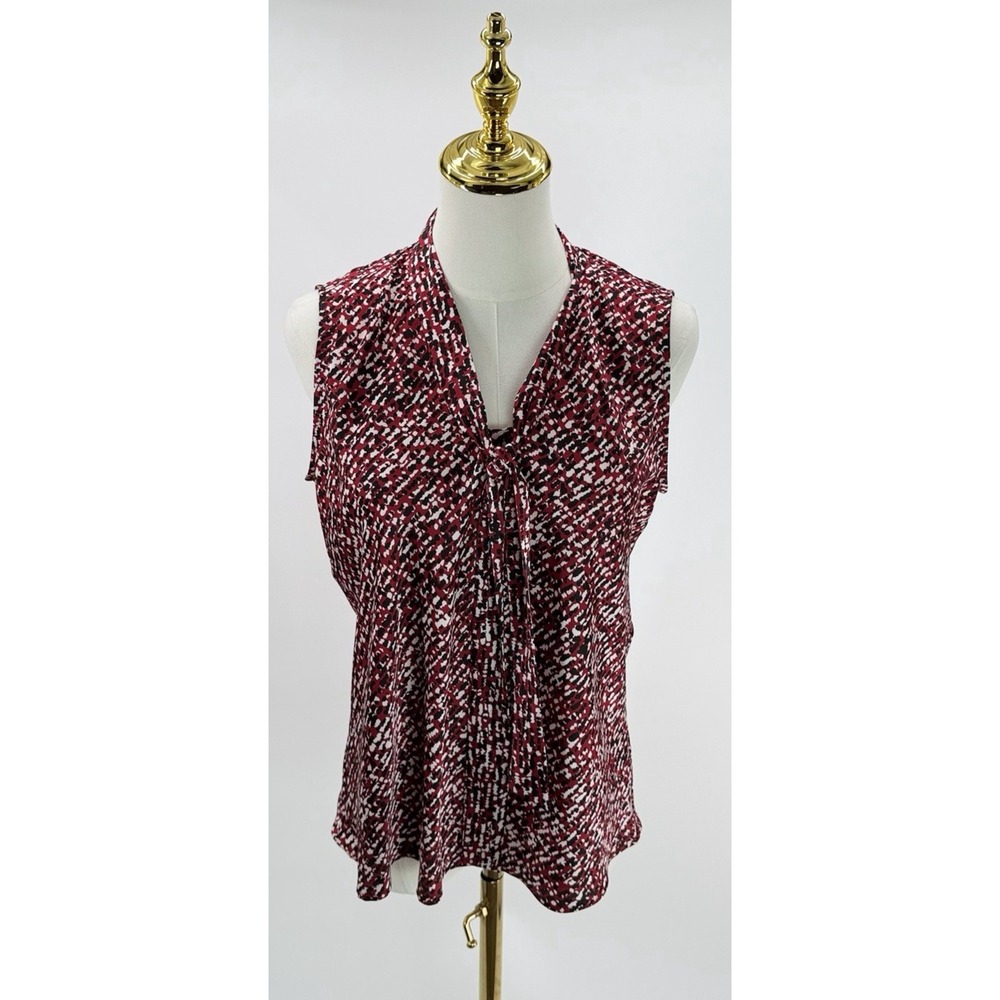 Kasper Satin Printed Tie-Neckline Sleeveless Blouse Fire Red Petite Medium PM